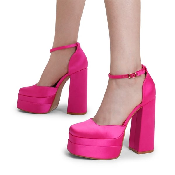 High Chunky Square Toe Ankle Strap Platform Pumps - ROSE RED SATIN - 5